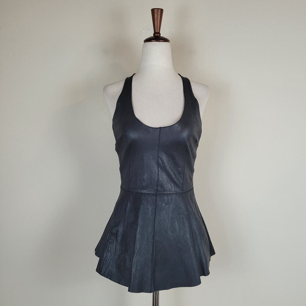 Illia‎ Leather Top Size 0 Black Racerback Peplum Tank Zip Rock Goth Sleeveless